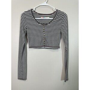 Free People Beach Striped Long Sleeve Crop Top Size XS Casual Coastal Button